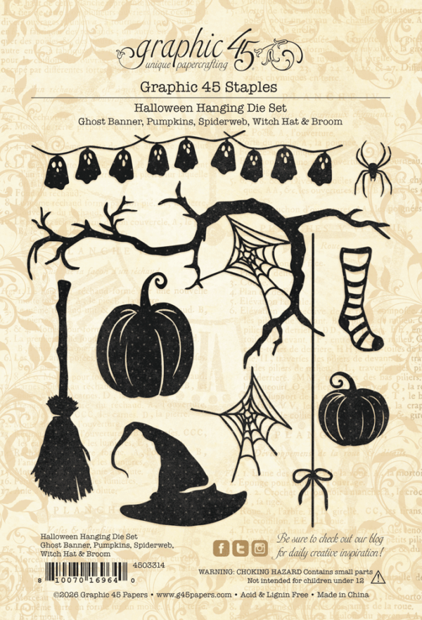 Graphic 45 BOOtiful Greetings Halloween Hanging Die Set – Ghost Banner, Pumpkins, Spiderweb, Witch Hat & Broom