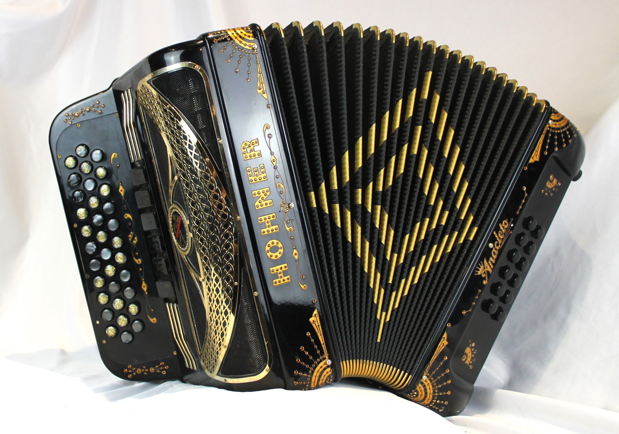 5854 Black and Gold Decorated Hohner Anacleto Rey Del Norte TT Two Tone Diatonic Button