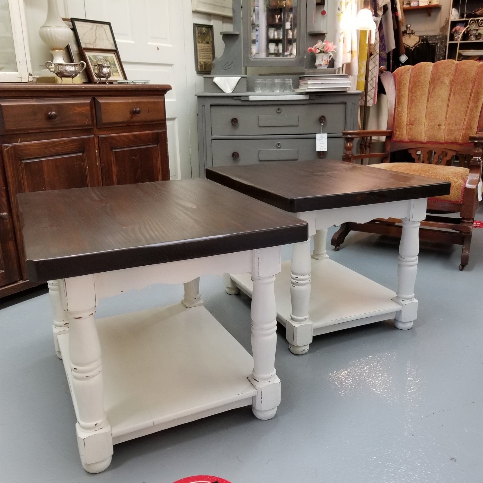 Pair of Matching End Tables Farmhouse White & Java