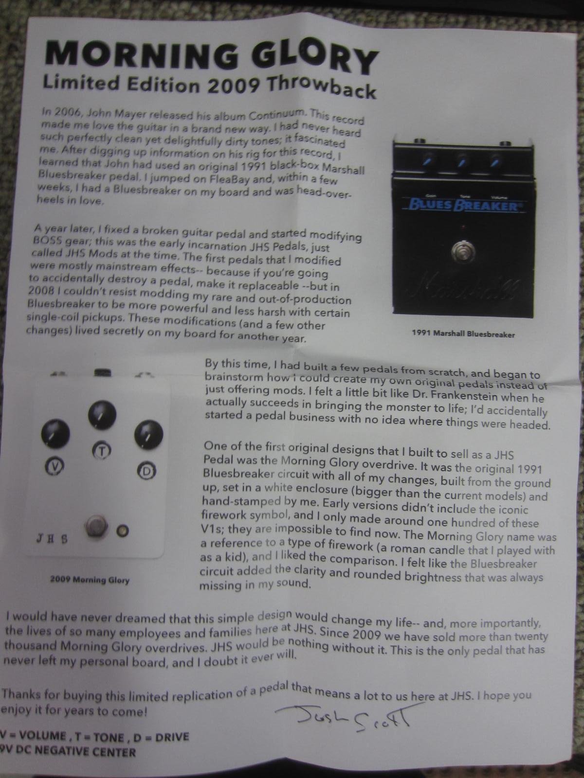 JHS Morning Glory V1 Throwback Limited Edition Overdrive Pedal