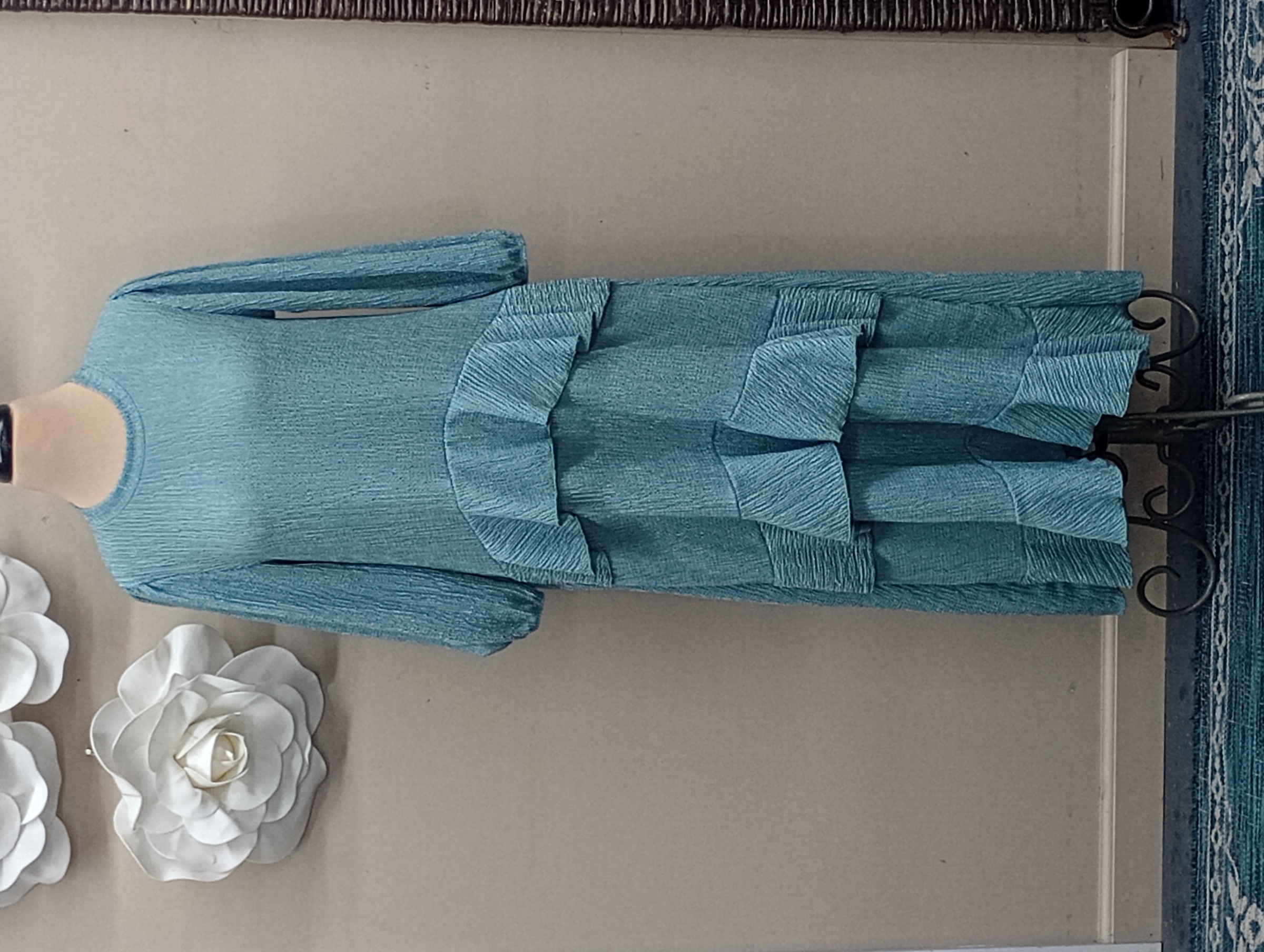 Seafoam Green Texture Triple Ruffle 3/4 Sleeve Dress