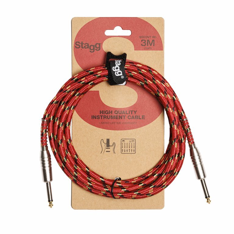 Stagg SGC3VT RD  S-Series 10ft Vintage Tweed Instrument Cable in in Red