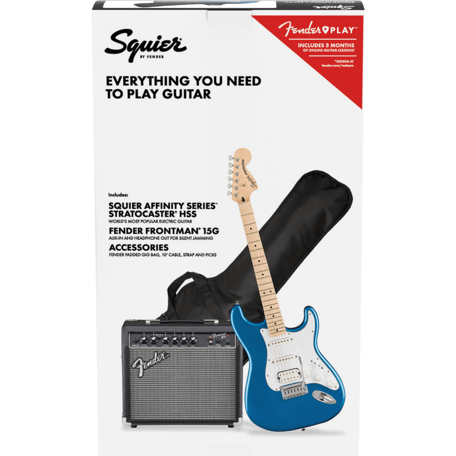 Fender Squier Affinity Stratocaster Pack HSS Guitar Amp Cable Tuner Pick Strap Lake Placid