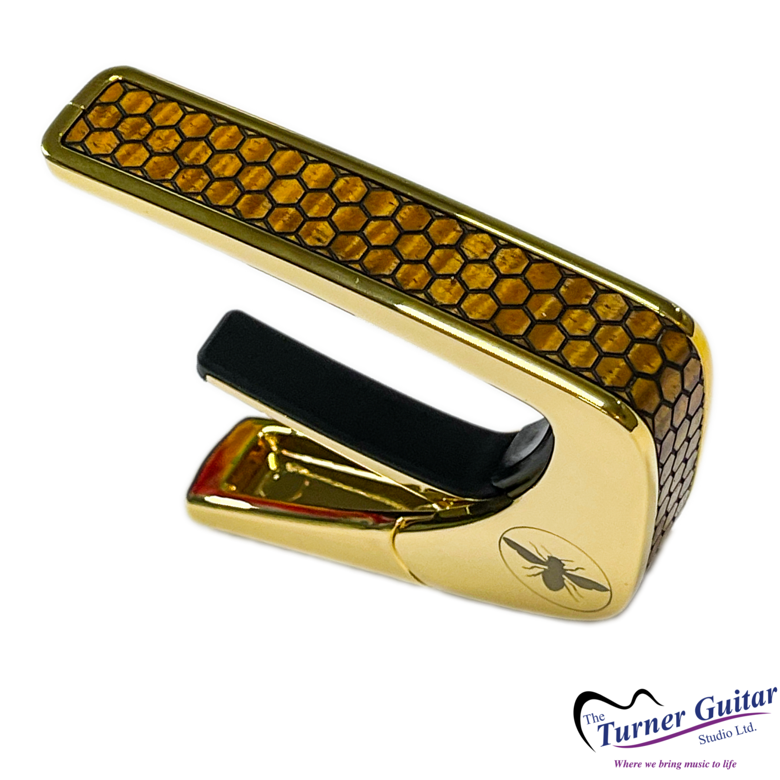 Thalia 200 Series Capo - G200-SP-BEE - 24k Gold Finish - AAA Curly Hawaiian Koa Save The Bees Honeycomb Inlay - Limited Edition - 680221688579 Thalia 200 Series Capo - G200-SP-BEE - 24k Gold Finish - AAA Curly Hawaiian Koa Save The Bees Honeycomb Inlay - Limited Edition - 680221688579