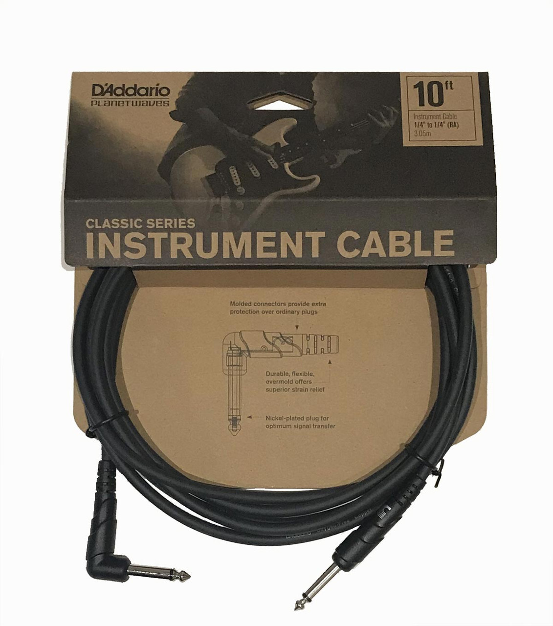 D'Addario Classic Series Instrument Cable Right Angle Plug 10 feet PW-CGTRA-10