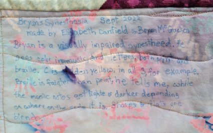 Label on back of Bryan's Synesthesia Quilt