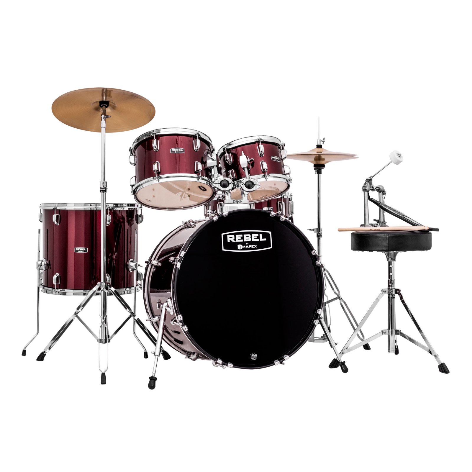 Mapex Rebel 5Piece Drum Kit 22 Bass Drum with Hardware and Cymbals Dark Burgundy 635464989792