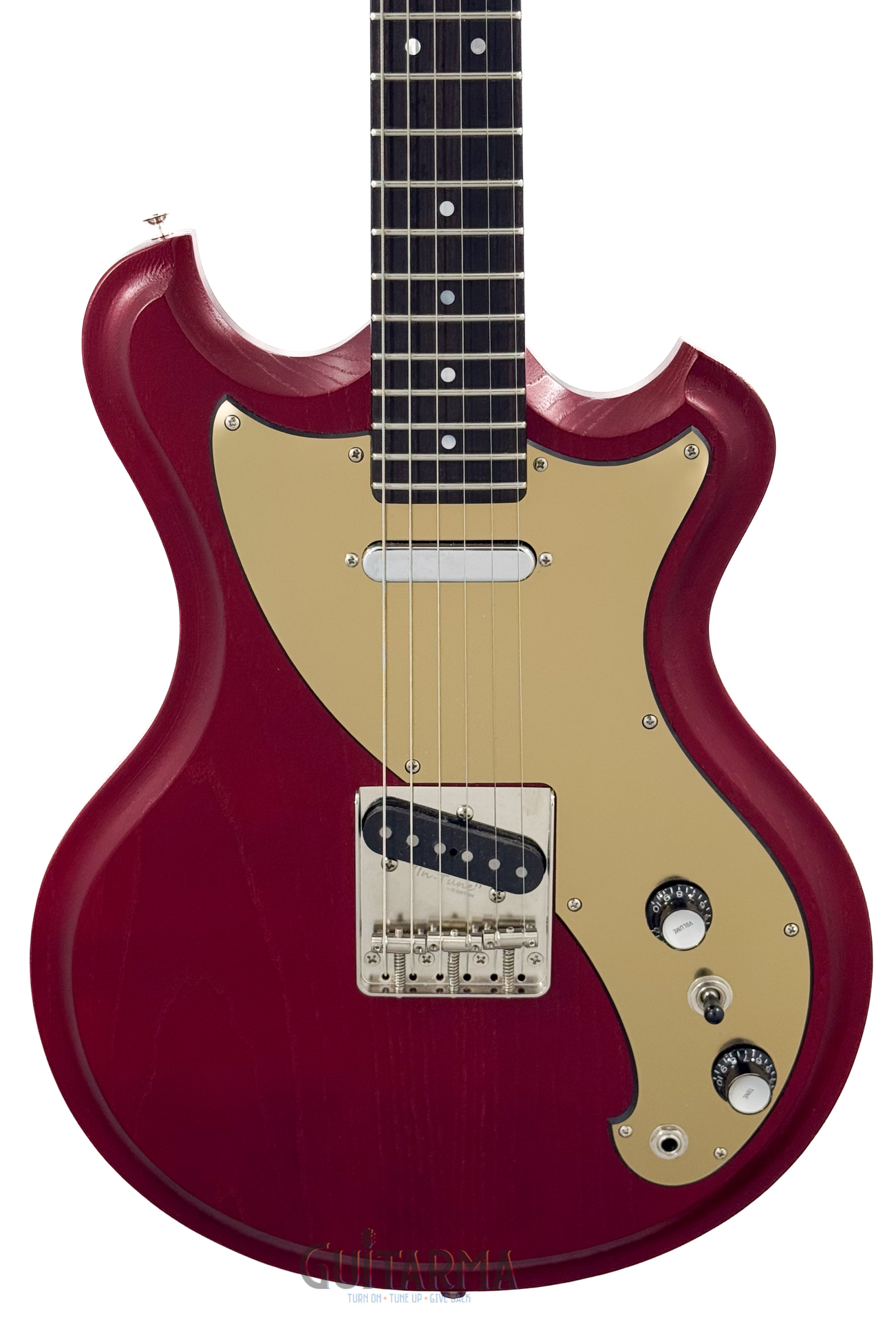 Corwin Gryphon double-cut electric - Satin Red w/custom-wound hum cancelling Tele pickups, Guitarma teardrop gigbag